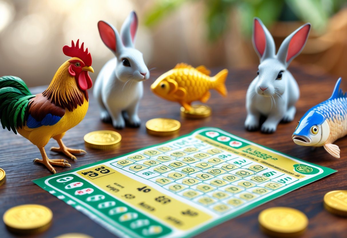 Um bilhete de loteria da Federal cercado por animais como galo, coelho, peixe e cavalo sobre uma mesa de madeira.