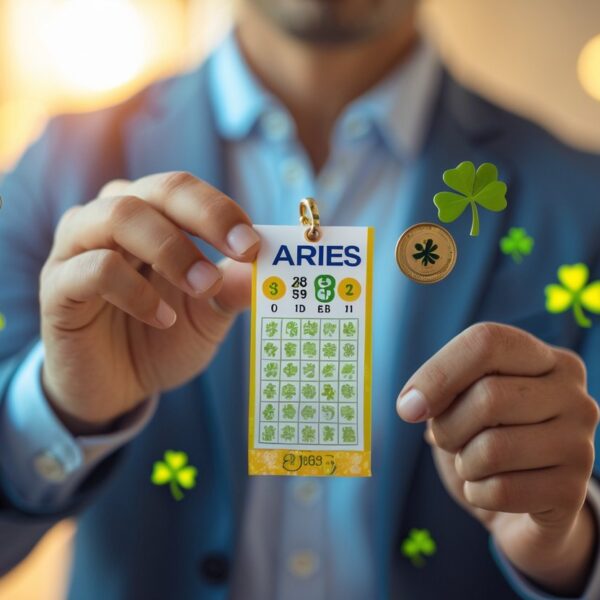 Pessoa segurando um bilhete de loteria e um pingente do signo de Áries, com símbolos de sorte ao redor.