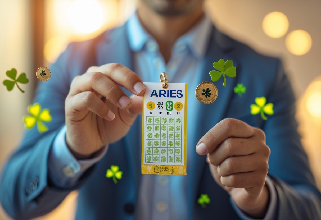 Pessoa segurando um bilhete de loteria e um pingente do signo de Áries, com símbolos de sorte ao redor.
