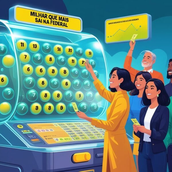 Cena de uma máquina de loteria com bolas numeradas e pessoas observando e conferindo seus bilhetes.