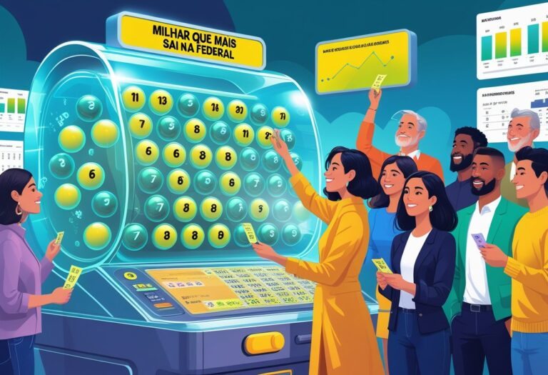 Cena de uma máquina de loteria com bolas numeradas e pessoas observando e conferindo seus bilhetes.