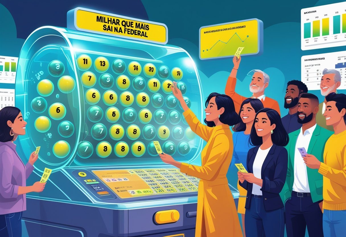 Cena de uma máquina de loteria com bolas numeradas e pessoas observando e conferindo seus bilhetes.