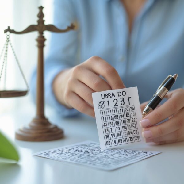 Pessoa segurando um bilhete de loteria com uma caneta, com símbolos sutis do signo de Libra ao fundo.