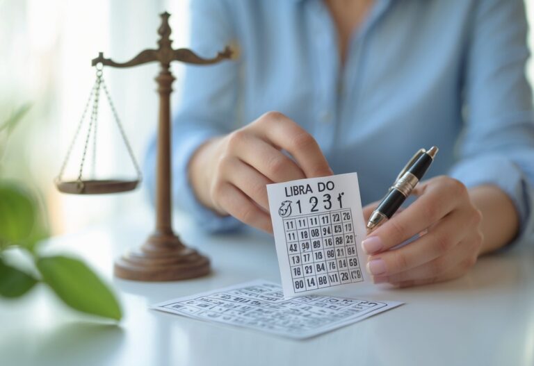 Pessoa segurando um bilhete de loteria com uma caneta, com símbolos sutis do signo de Libra ao fundo.