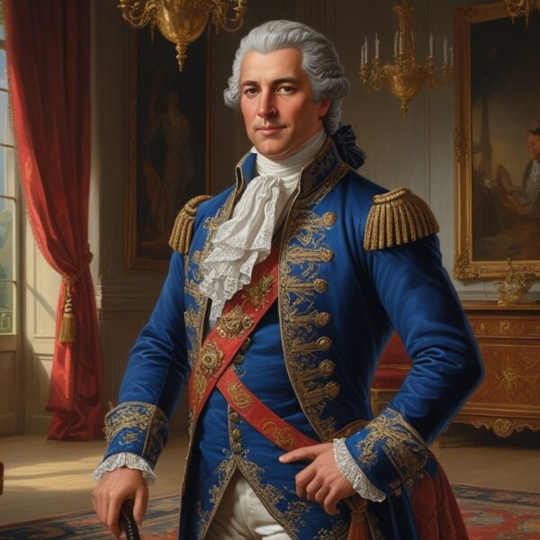 Retrato de um duque elegante vestido com roupas aristocráticas em um salão luxuoso.
