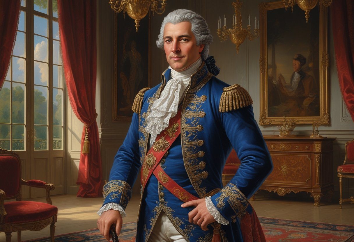 Retrato de um duque elegante vestido com roupas aristocráticas em um salão luxuoso.