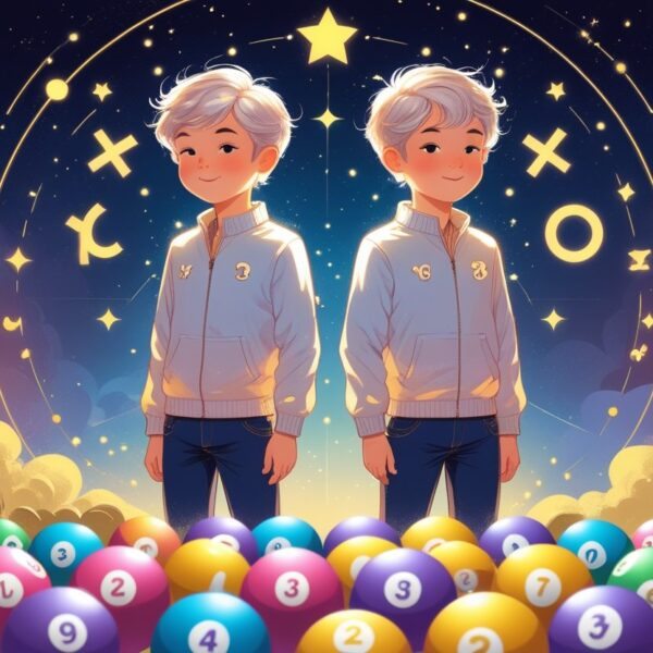 Dois gêmeos lado a lado com elementos celestiais ao redor e bolas de loteria coloridas ao fundo, representando sorte e jogo do bicho.