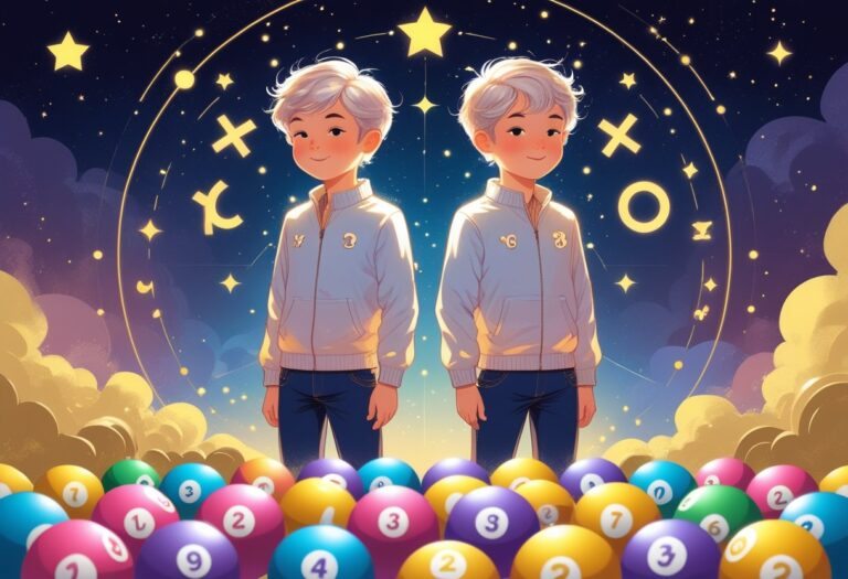 Dois gêmeos lado a lado com elementos celestiais ao redor e bolas de loteria coloridas ao fundo, representando sorte e jogo do bicho.