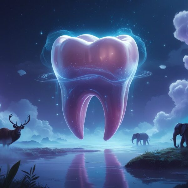 Um dente humano grande flutuando em um ambiente onírico com figuras de animais como galo, veado e elefante ao redor, em um cenário misterioso e iluminado suavemente.
