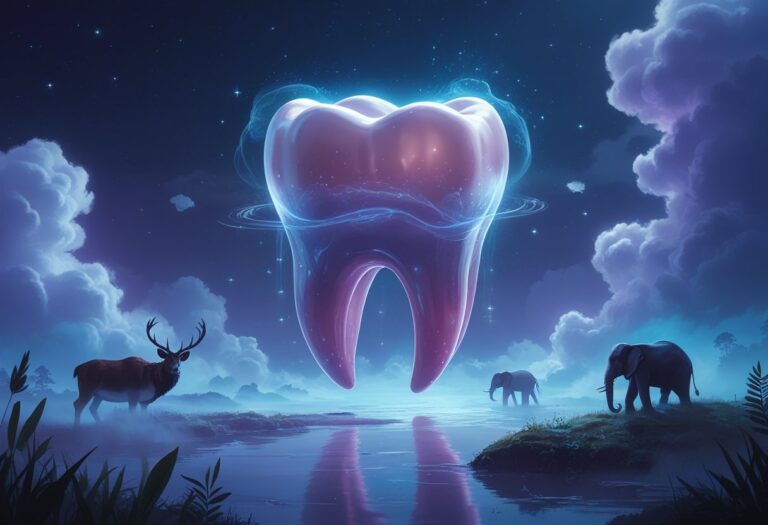 Um dente humano grande flutuando em um ambiente onírico com figuras de animais como galo, veado e elefante ao redor, em um cenário misterioso e iluminado suavemente.