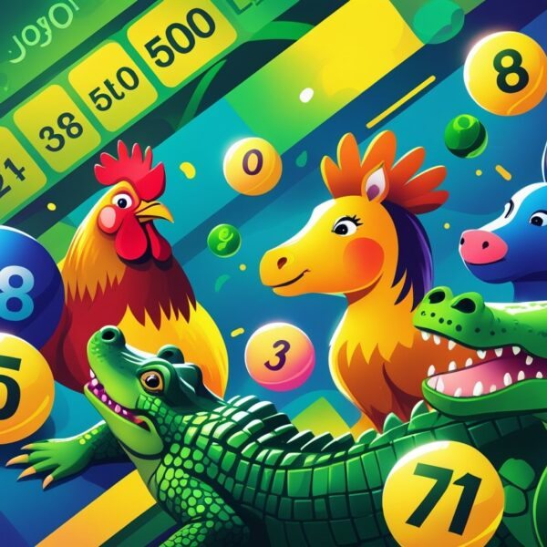 Ilustração colorida com vários animais do jogo do bicho, como galo, cavalo, jacaré e coelho, junto com bolas de loteria numeradas, representando jogos de azar tradicionais brasileiros.
