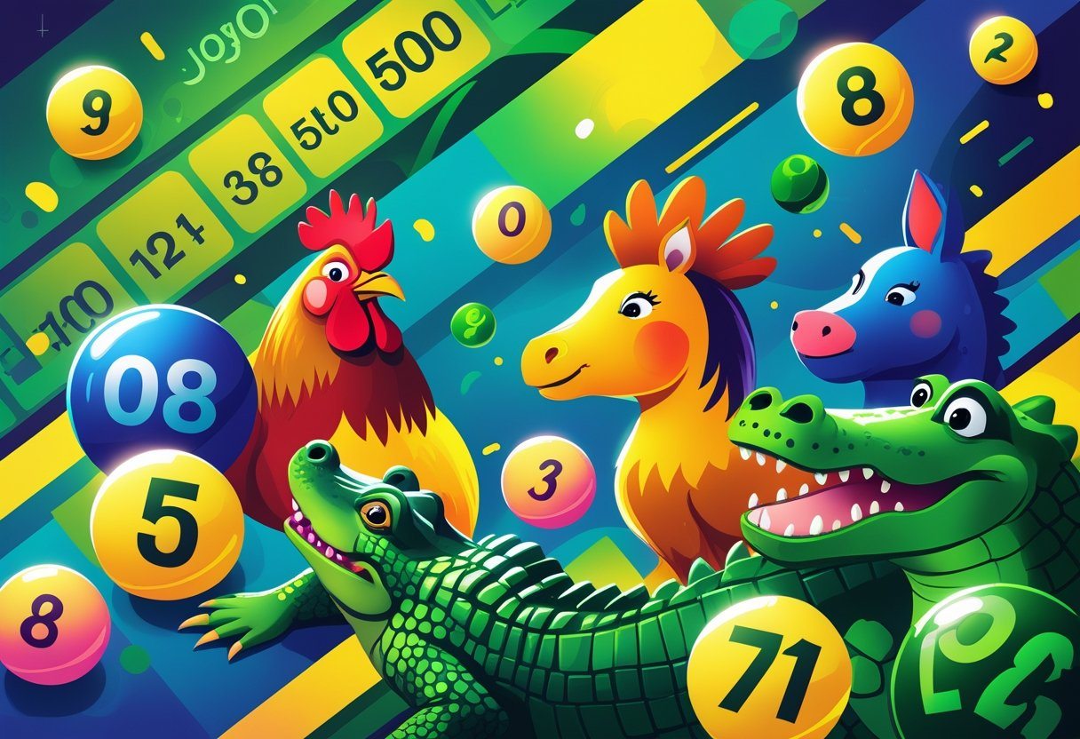 Ilustração colorida com vários animais do jogo do bicho, como galo, cavalo, jacaré e coelho, junto com bolas de loteria numeradas, representando jogos de azar tradicionais brasileiros.