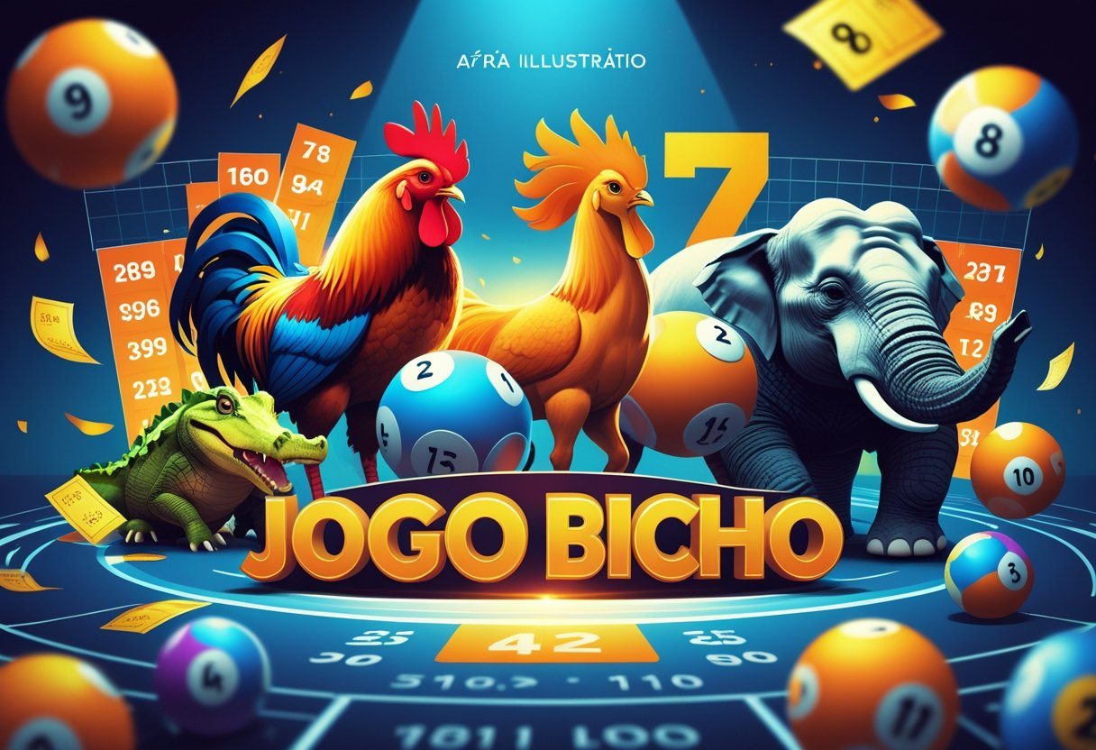 Ilustração mostrando vários animais do jogo do bicho com destaque para o animal que mais aparece, em um ambiente que lembra um sorteio de loteria.
