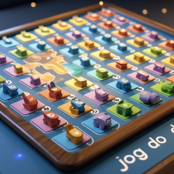 Uma mesa com uma grade colorida mostrando números e animais do jogo do bicho, com figuras de animais realistas em cada célula.