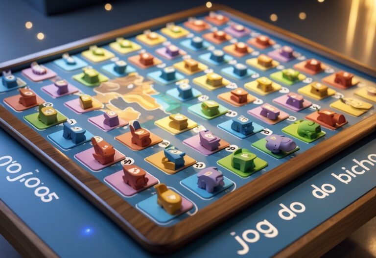 Uma mesa com uma grade colorida mostrando números e animais do jogo do bicho, com figuras de animais realistas em cada célula.