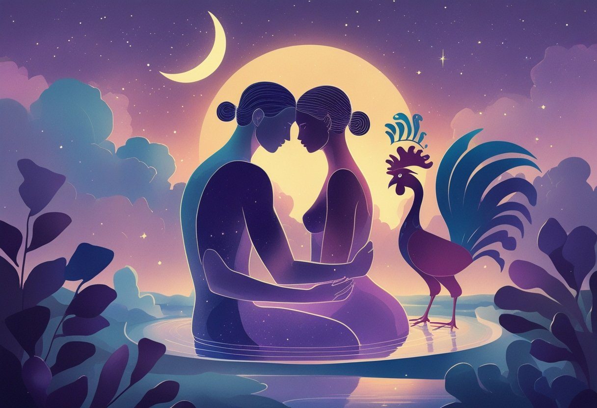 Cena onírica com figuras humanas entrelaçadas e símbolos de animais do jogo do bicho sob um céu noturno estrelado.