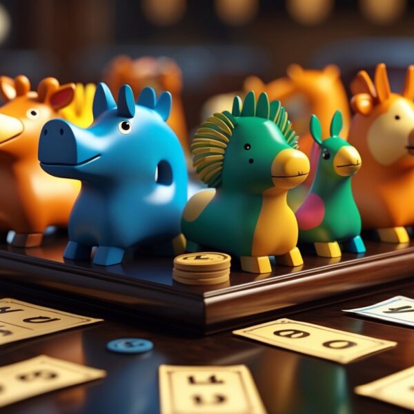 Cena com figuras coloridas de animais representando grupos do jogo do bicho sobre uma mesa de madeira, com fichas numeradas espalhadas ao redor.