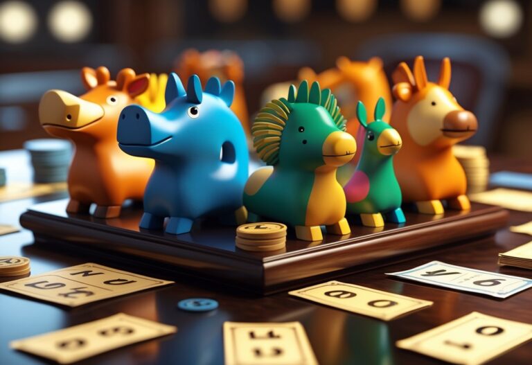 Cena com figuras coloridas de animais representando grupos do jogo do bicho sobre uma mesa de madeira, com fichas numeradas espalhadas ao redor.