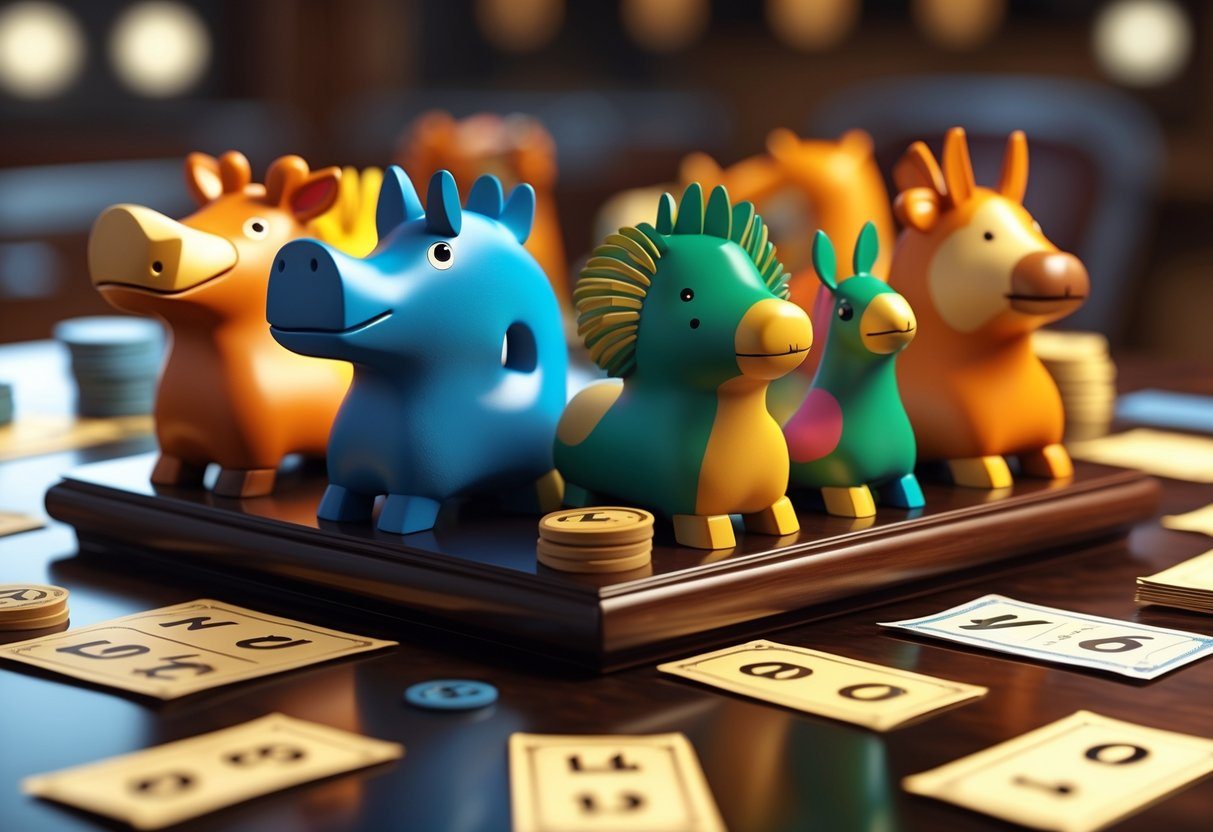 Cena com figuras coloridas de animais representando grupos do jogo do bicho sobre uma mesa de madeira, com fichas numeradas espalhadas ao redor.