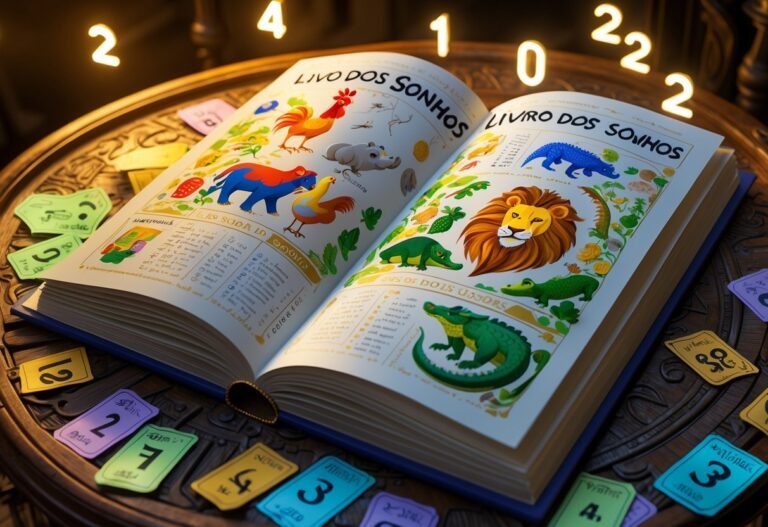 Livro aberto com ilustrações de animais e símbolos relacionados ao Jogo do Bicho sobre uma mesa de madeira, com fichas coloridas e números flutuando ao redor.