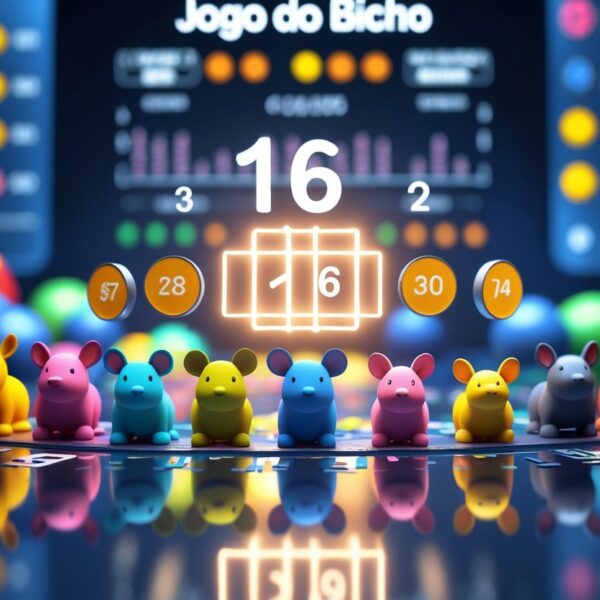 Cena com figuras de animais coloridos representando o jogo do bicho, com destaque para elementos que sugerem números e estatísticas, em um ambiente iluminado e detalhado.