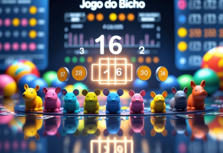 Cena com figuras de animais coloridos representando o jogo do bicho, com destaque para elementos que sugerem números e estatísticas, em um ambiente iluminado e detalhado.