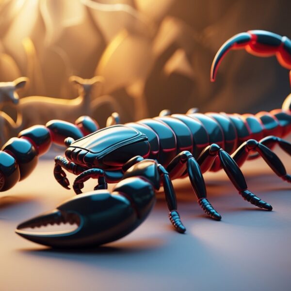 Imagem de um escorpião detalhado em 3D, com cores escuras e fundo em tons quentes, representando o signo de escorpião do jogo do bicho.