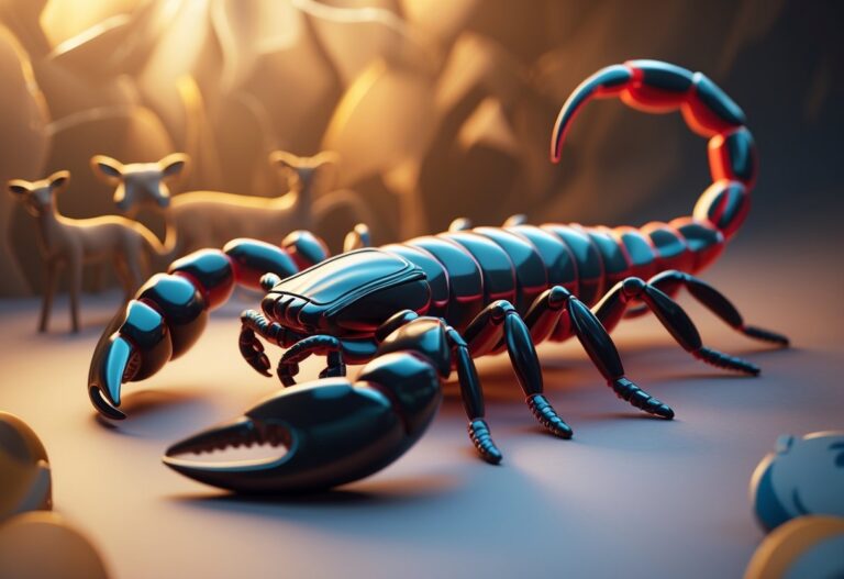 Imagem de um escorpião detalhado em 3D, com cores escuras e fundo em tons quentes, representando o signo de escorpião do jogo do bicho.