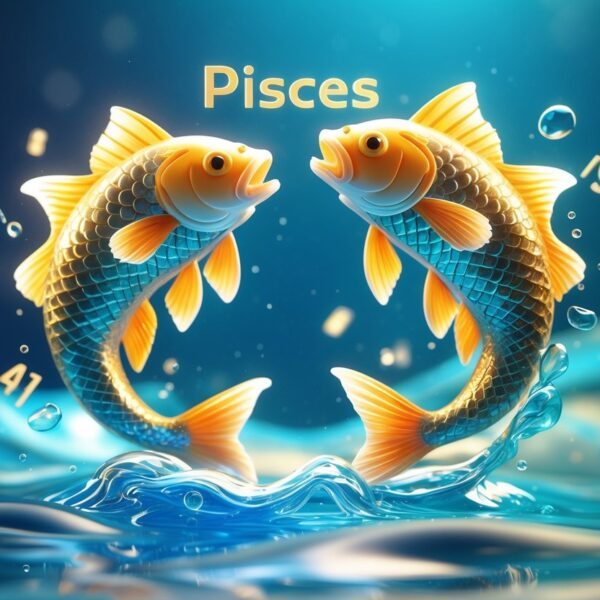 Duas peixes nadando em círculo em um ambiente aquático com números flutuando ao redor, representando o signo de Peixes e seus números da sorte.