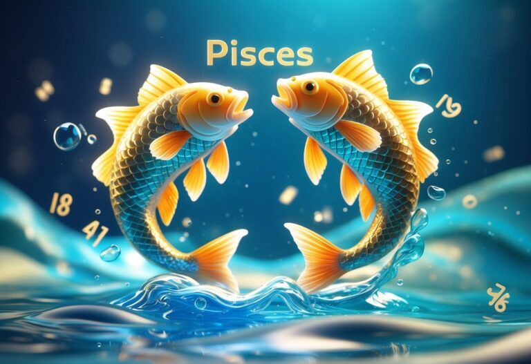 Duas peixes nadando em círculo em um ambiente aquático com números flutuando ao redor, representando o signo de Peixes e seus números da sorte.