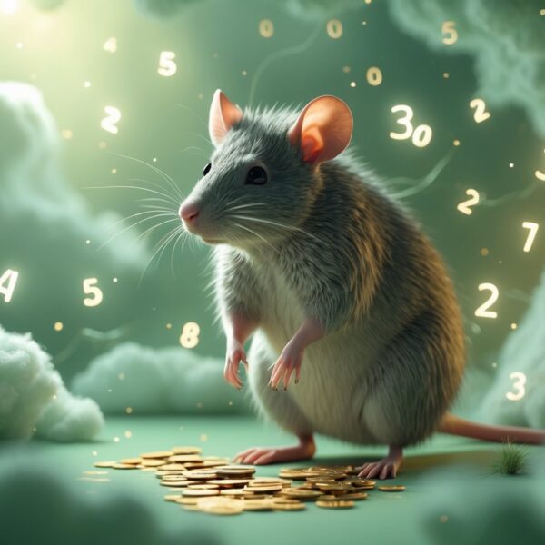 Um rato realista em pé em um ambiente onírico com elementos abstratos que representam o jogo do bicho, como silhuetas de animais e números flutuando ao redor.