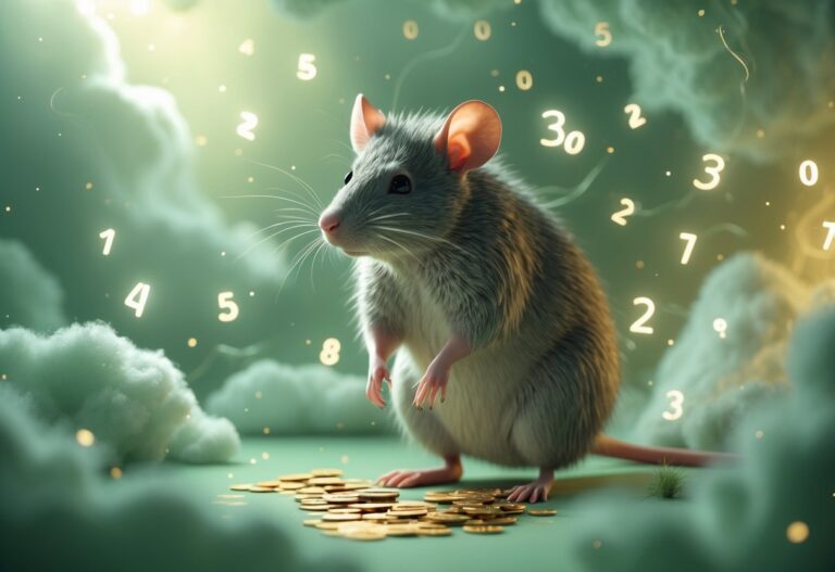 Um rato realista em pé em um ambiente onírico com elementos abstratos que representam o jogo do bicho, como silhuetas de animais e números flutuando ao redor.