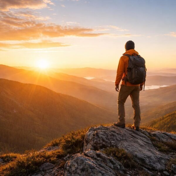 Pessoa em pé no topo de uma montanha ao nascer do sol, olhando para o horizonte com um cenário de colinas e montanhas ao fundo.