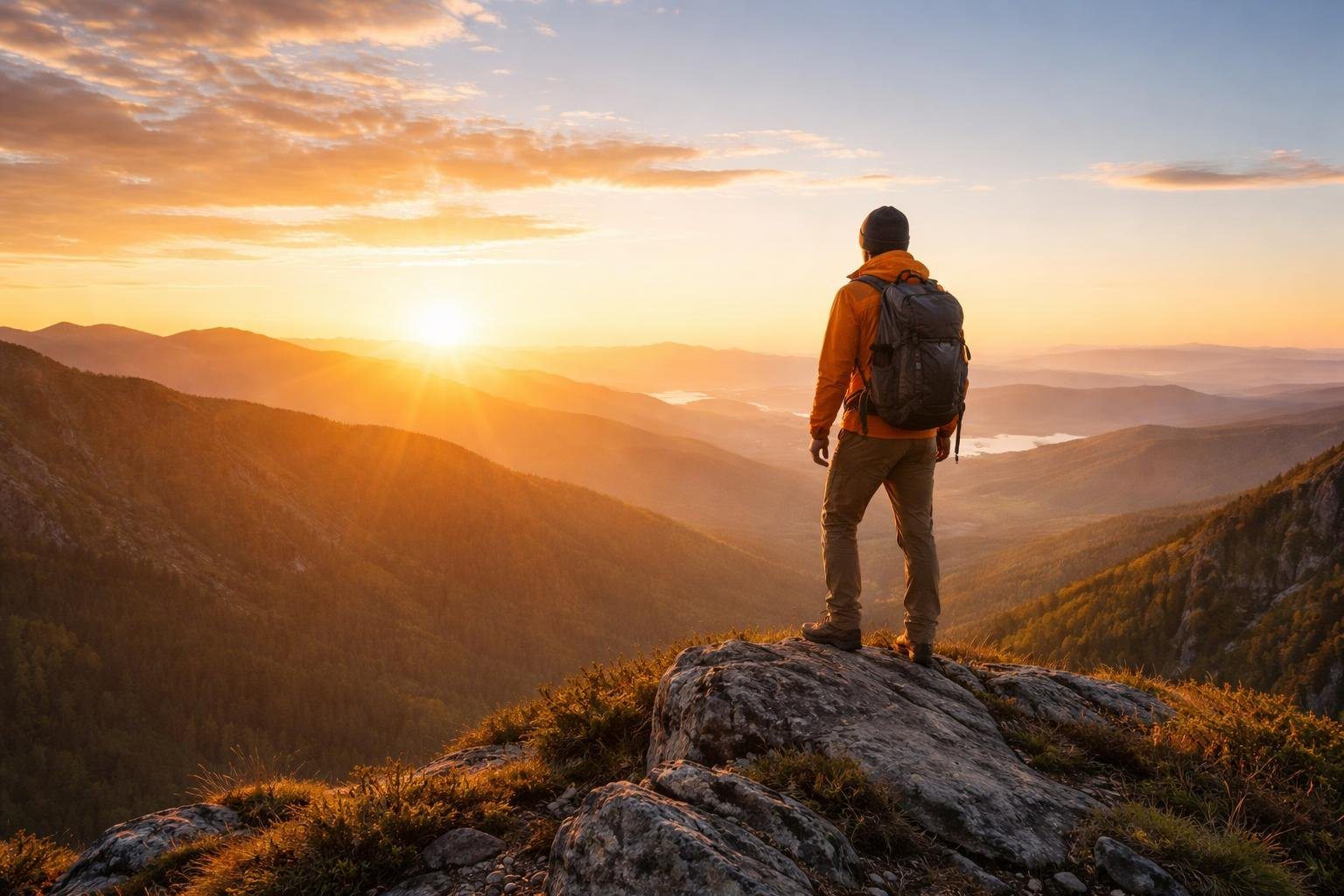 Pessoa em pé no topo de uma montanha ao nascer do sol, olhando para o horizonte com um cenário de colinas e montanhas ao fundo.