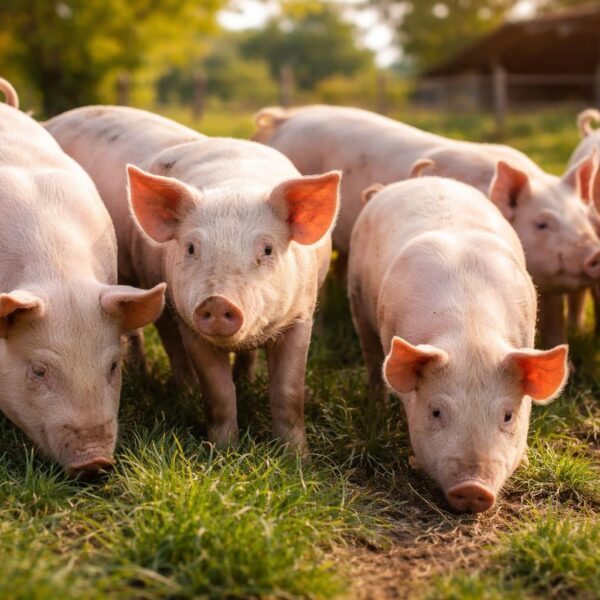 Um grupo de porcos juntos em um ambiente ao ar livre, alguns estão em pé e outros deitados sobre a grama verde.