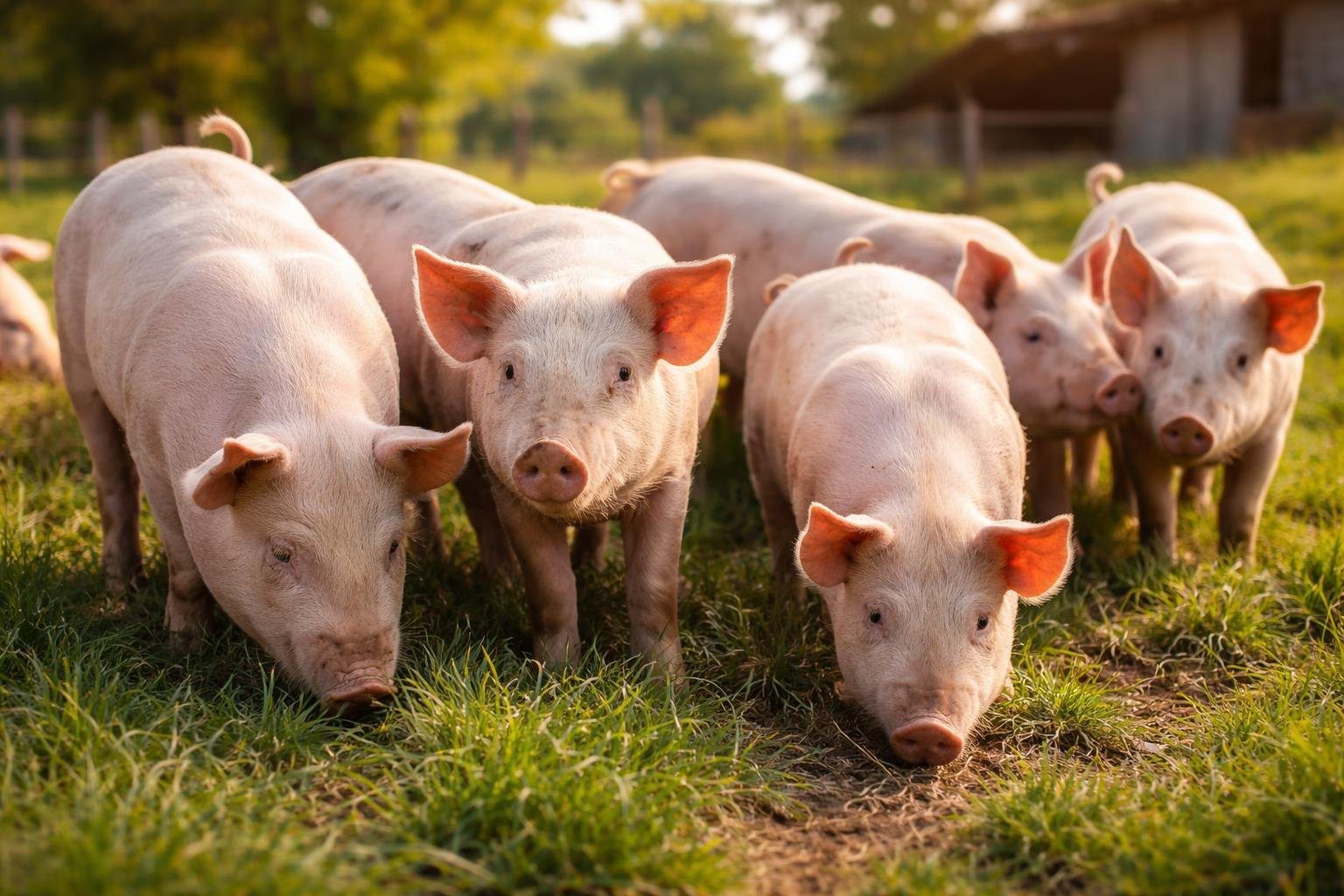 Um grupo de porcos juntos em um ambiente ao ar livre, alguns estão em pé e outros deitados sobre a grama verde.