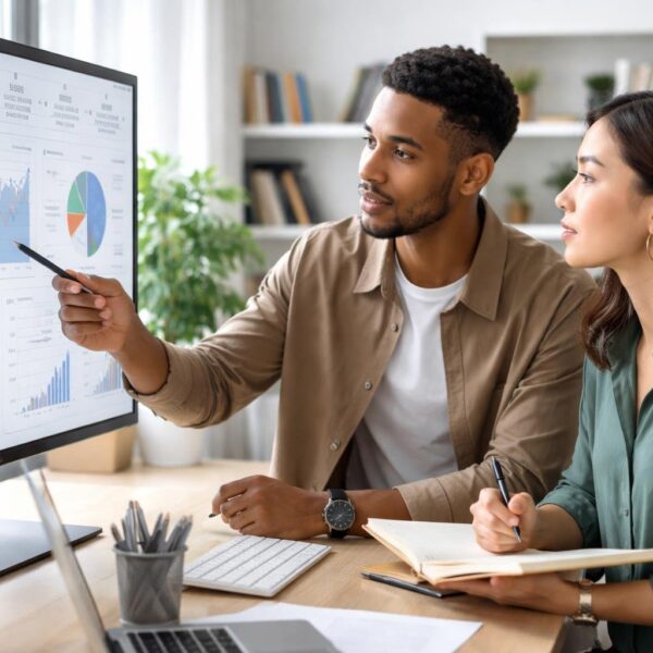 Duas pessoas em um escritório moderno discutindo atentamente diante de uma tela digital com gráficos.