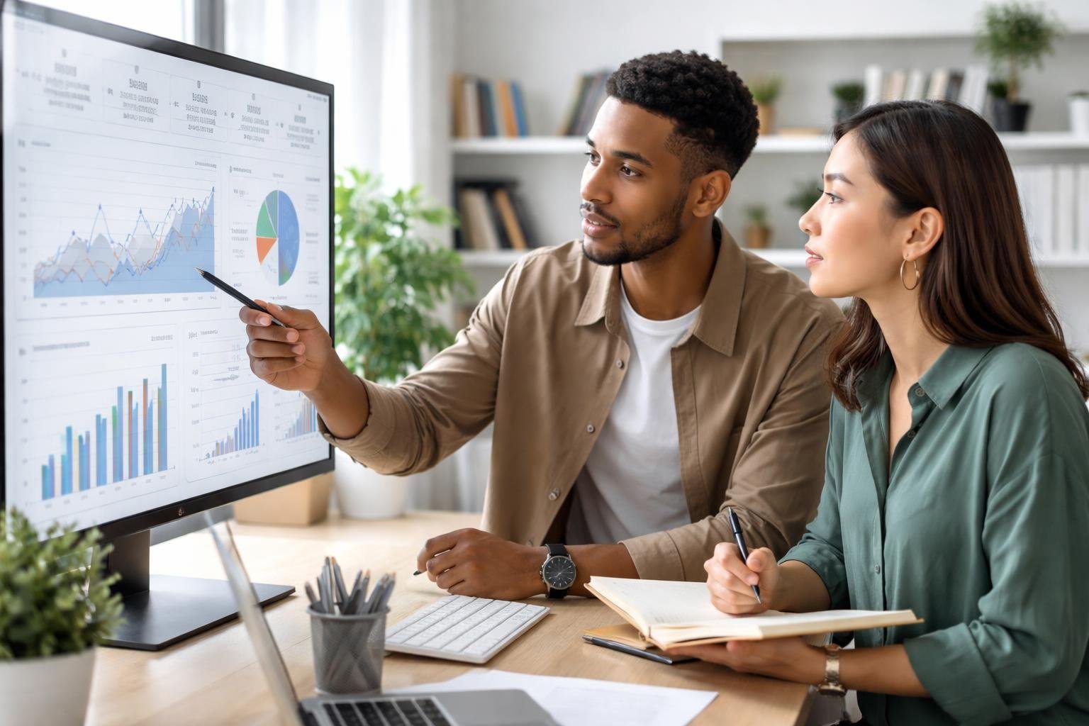 Duas pessoas em um escritório moderno discutindo atentamente diante de uma tela digital com gráficos.