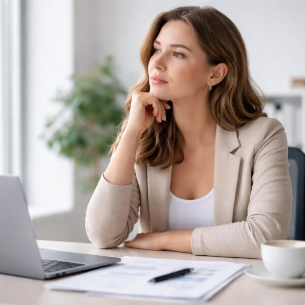 Mulher jovem pensativa sentada em uma mesa de escritório moderna, olhando pela janela com luz natural, com laptop e itens organizados na mesa.