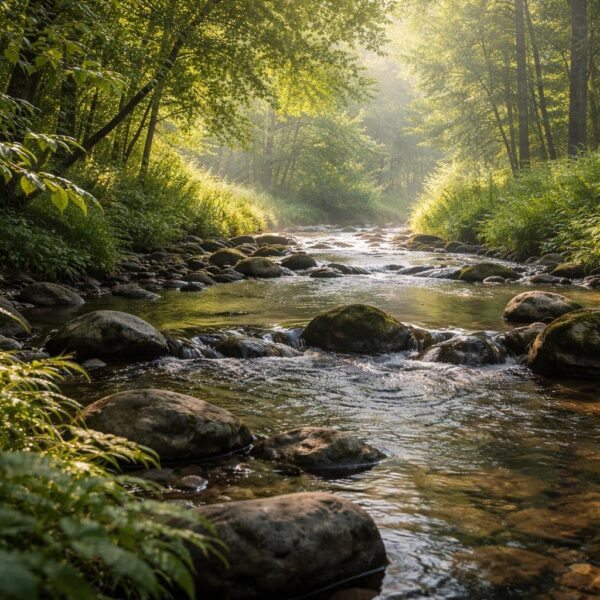 Parte modesta de uma paisagem natural com um riacho tranquilo cercado por vegetação verde.