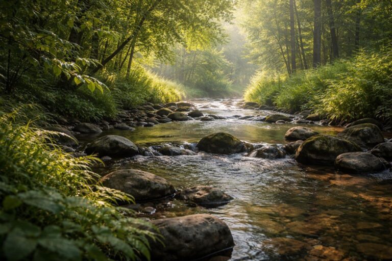 Parte modesta de uma paisagem natural com um riacho tranquilo cercado por vegetação verde.