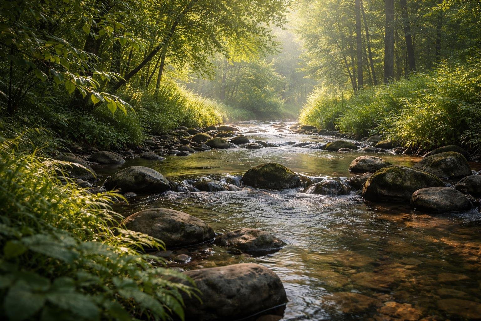 Parte modesta de uma paisagem natural com um riacho tranquilo cercado por vegetação verde.