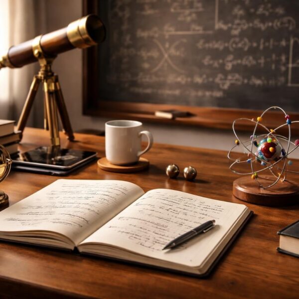 Uma mesa de trabalho organizada com caderno aberto mostrando equações de física, instrumentos científicos como telescópio e modelo de átomo, e um quadro-negro ao fundo com fórmulas.