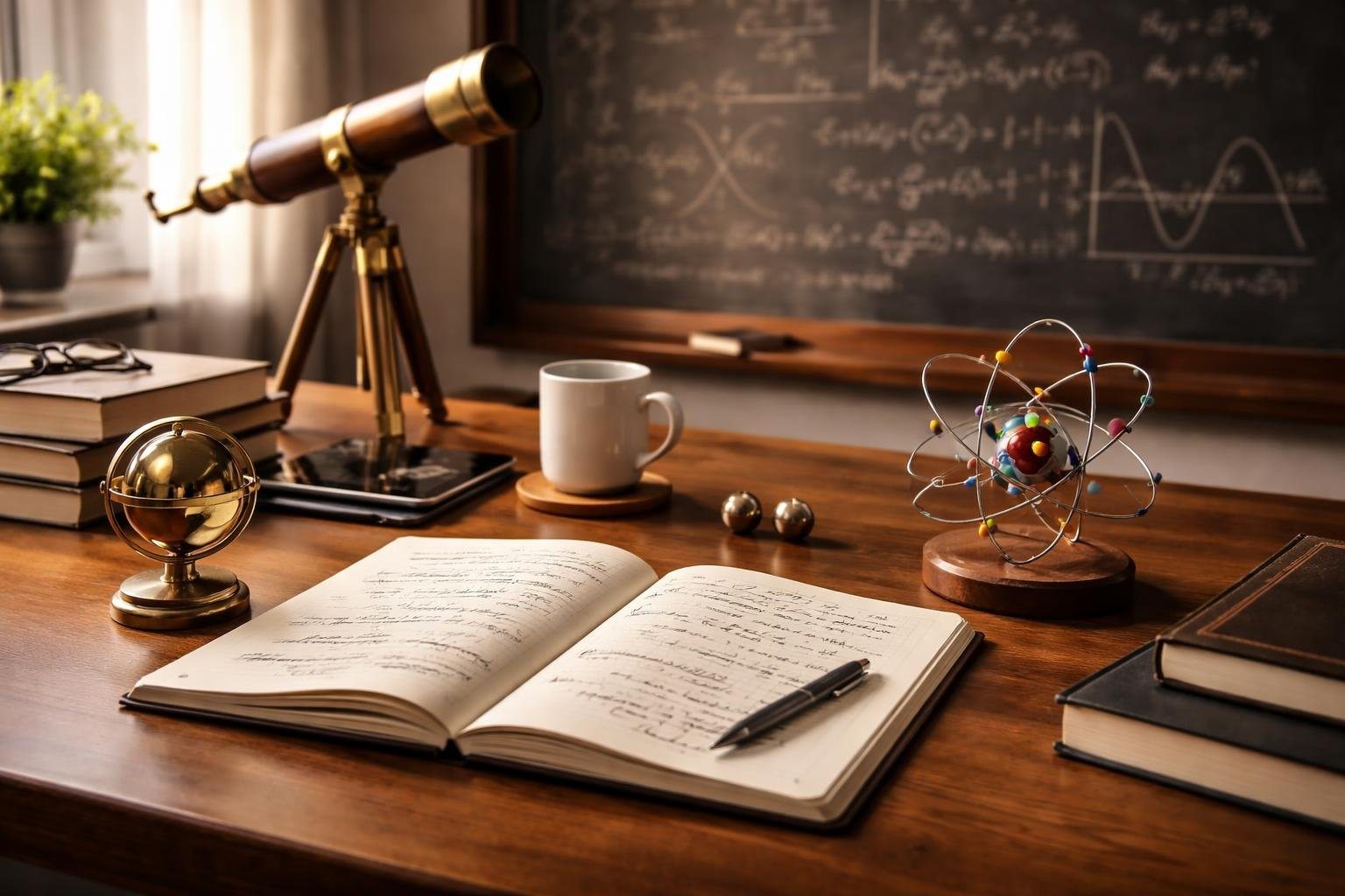 Uma mesa de trabalho organizada com caderno aberto mostrando equações de física, instrumentos científicos como telescópio e modelo de átomo, e um quadro-negro ao fundo com fórmulas.
