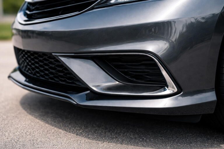 Close-up do para-choque dianteiro de um carro com acabamento brilhante e design moderno.