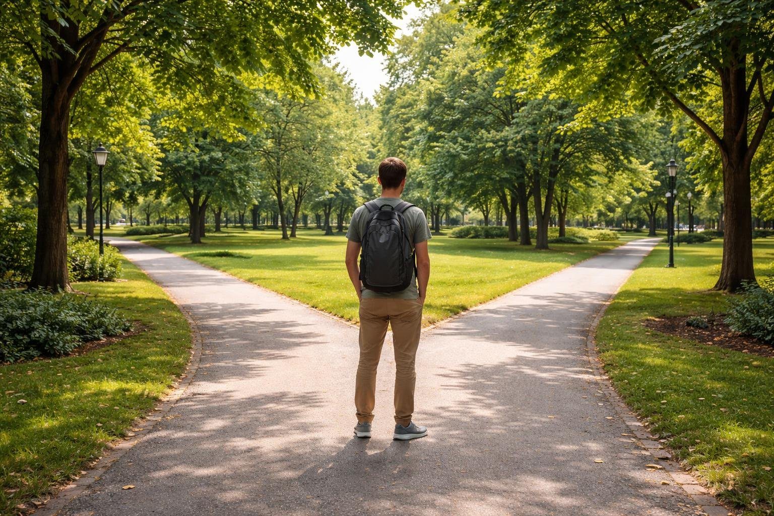 Pessoa jovem parada em uma bifurcação de caminho em um parque, olhando para as duas direções.