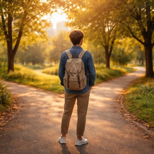Pessoa jovem parada em uma encruzilhada em um parque urbano, olhando pensativa para dois caminhos diferentes.
