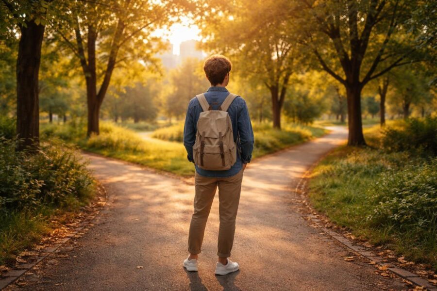 Pessoa jovem parada em uma encruzilhada em um parque urbano, olhando pensativa para dois caminhos diferentes.