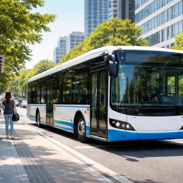Um ônibus moderno parado em um ponto de ônibus com algumas pessoas esperando ao redor em um dia ensolarado.