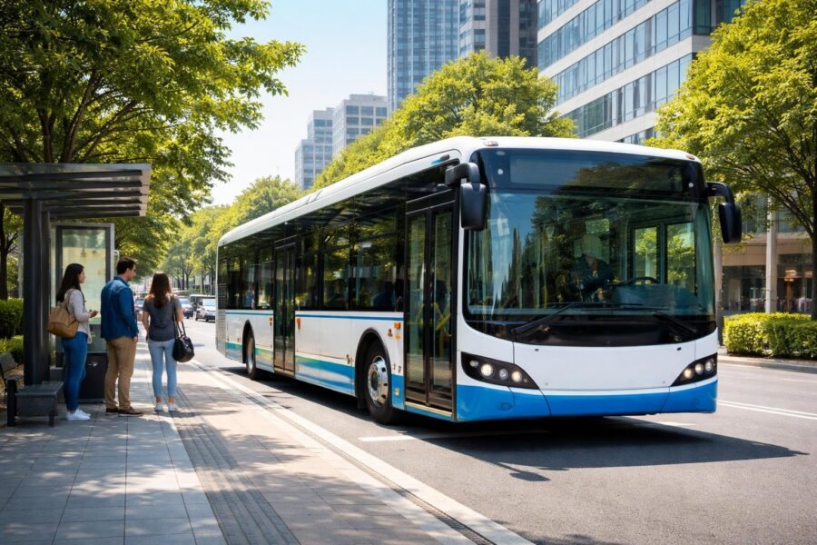 Um ônibus moderno parado em um ponto de ônibus com algumas pessoas esperando ao redor em um dia ensolarado.